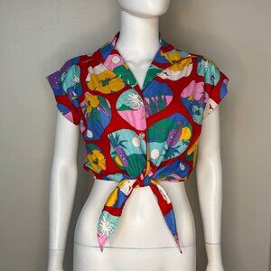 Vintage 1980s Cropped Tie Front Blouse, Size S/M, Tropical Print Crop Top